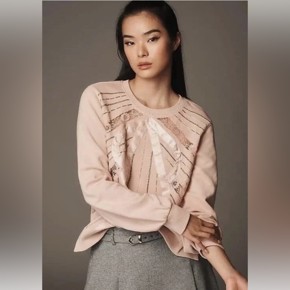 Anthropologie Women's Blush Pink beaded and lace pullover Sweatshirt XS